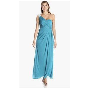 Xscape Teal One-Shoulder Ruched Embellished Long Gown Size 4 Womens